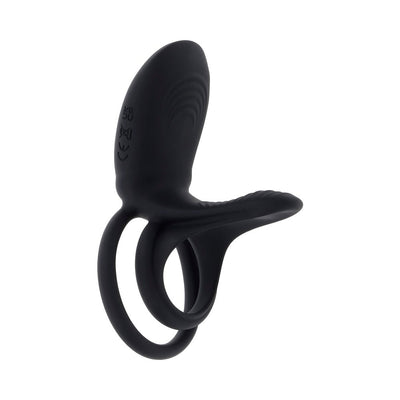 Black rechargeable silicone C-ring with dual rings and textured vibrating sheath for enhanced sensation and partner play.