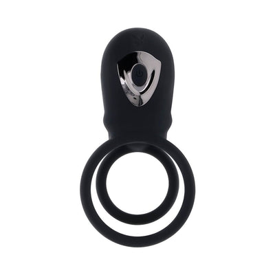 Black rechargeable silicone double ring with control button and Playboy logo on top.