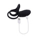 Black rechargeable silicone C-ring with dual stretchy rings and USB charging cable on white background