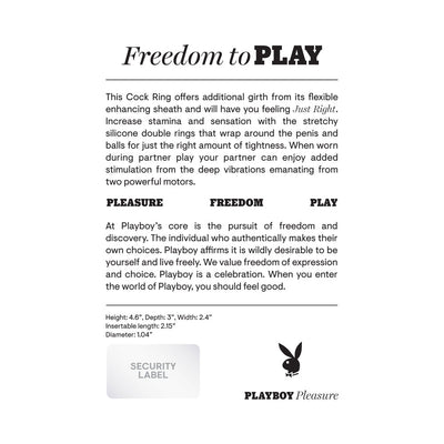Playboy Just Right Rechargeable Silicone C-ring product information card with features and dimensions text.