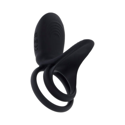 Black rechargeable silicone C-ring with dual stretchy loops and textured vibrating sheath for enhanced sensation.