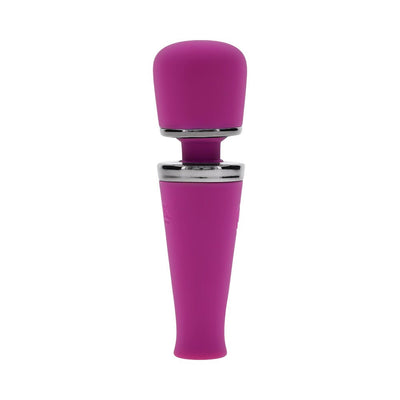 Purple silicone wand massager with chrome accents and flexible neck, compact and ergonomic design.