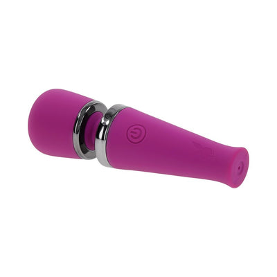 Purple silicone rechargeable wand massager with chrome accents and power button, shaped like a microphone.
