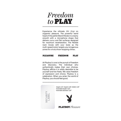 Playboy Mic Drop product information card highlighting features, dimensions, and brand philosophy with security label placeholder.
