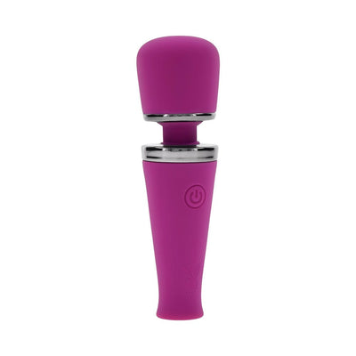 Purple silicone wand massager with chrome accents and power button, compact and ergonomic design.
