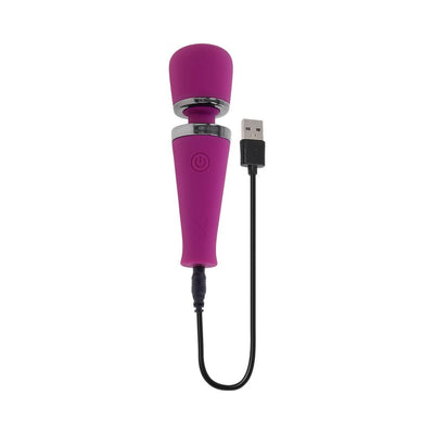 Purple Playboy Mic Drop wand massager with flexible head and USB charging cable on white background.
