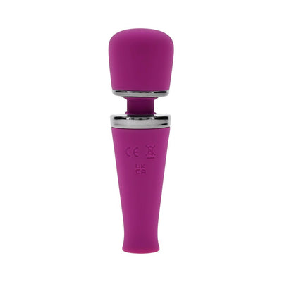 Purple silicone wand massager with chrome accents and flexible head, compact and rechargeable design.
