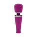 Purple silicone wand massager with chrome accents and flexible head, compact and rechargeable design.
