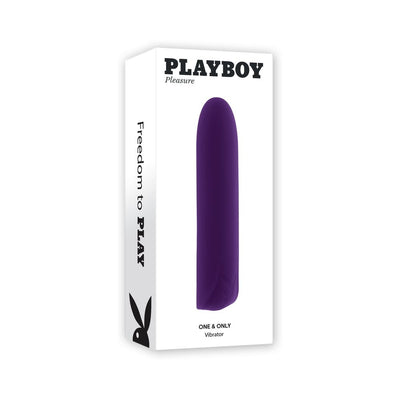 Purple silicone Playboy One & Only rechargeable bullet vibrator shown on white packaging box.