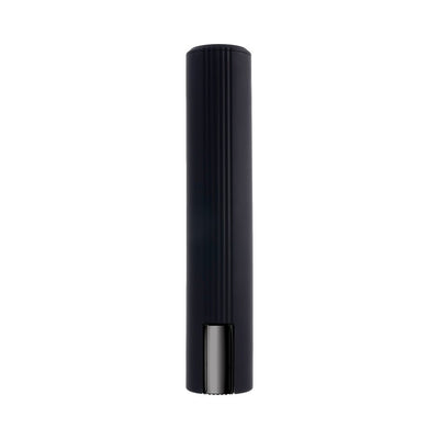 Sleek black cylindrical protective case for Playboy Pleasure Zone 2AM vibrator with vertical grooves and silver accent.