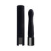 Black silicone vibrator with diamond-patterned head and sleek protective case standing side by side on white background.