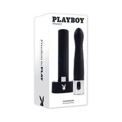 Playboy Pleasure Zone 2AM black vibrating and thrusting toy with charging base and packaging box.