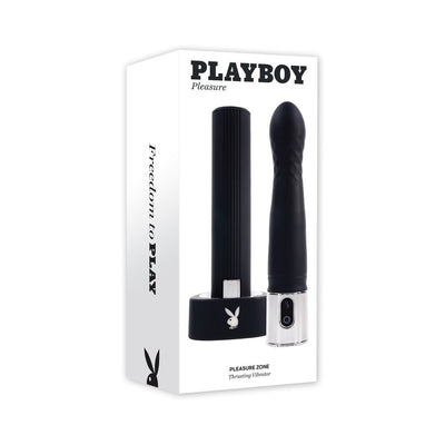 Playboy Pleasure Zone 2AM black thrusting vibrator with textured head and sleek charging case on white box packaging.