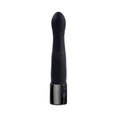 Black silicone vibrator with diamond-textured tapered head and sleek control base with buttons.