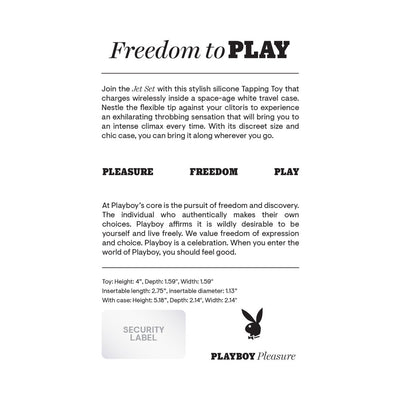 Playboy The Jet Set Tapping Toy product description highlighting freedom, pleasure, and product dimensions with Playboy logo.