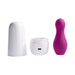Purple silicone tapping toy with power button next to a white USB rechargeable travel charging case in two parts.