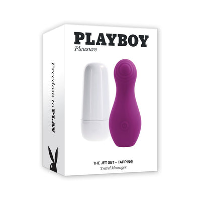 Playboy The Jet Set Tapping travel massager in purple with white charging case on product packaging box.