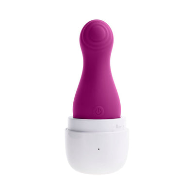 Purple silicone clitoral tapping toy with white USB charging travel case, compact and sleek design.