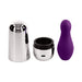 Purple silicone vibrator with rounded tip next to a silver magnetic USB charging case and lid on white background.