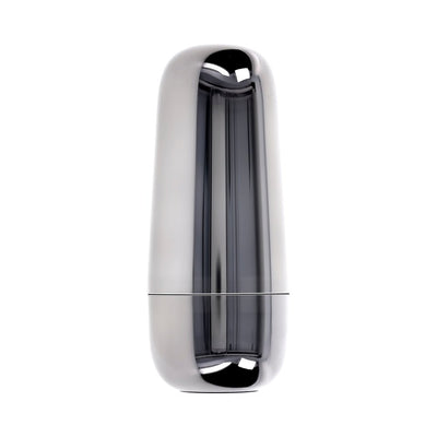 Sleek silver travel case for the Playboy Jet Set Vibe vibrator with a smooth, reflective finish.