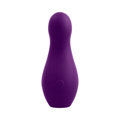 Purple silicone vibrator with rounded tip and power button on front, sleek ergonomic design.
