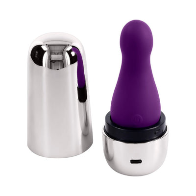 Purple silicone vibrator with rounded tip next to a sleek silver USB rechargeable travel case.