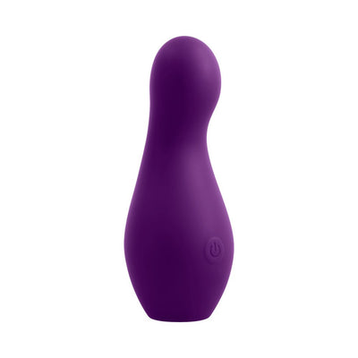 Purple silicone vibrator with a rounded tip and power button on the side, designed for targeted pleasure.