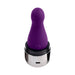 Compact purple silicone vibrator with rounded tip, shown in a sleek silver USB charging base.