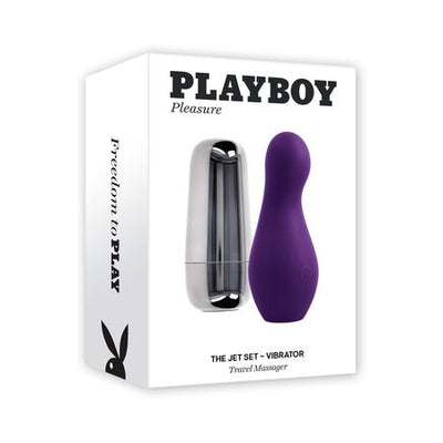Playboy The Jet Set Vibe in Acai with silver travel case packaging showing vibrator and charging case.
