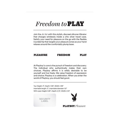 Playboy The Jet Set Vibe product information sheet with features, dimensions, and brand logo on white background.