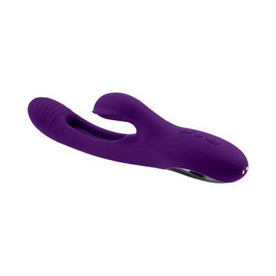 Purple rechargeable silicone dual stim vibrator with textured shaft and flapper detail, featuring control buttons.
