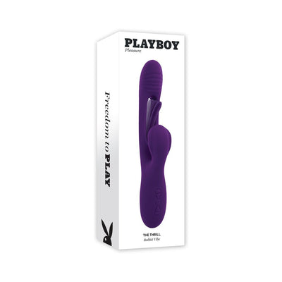 Playboy The Thrill rechargeable purple silicone dual stim vibrator with flapper shown on white packaging box.