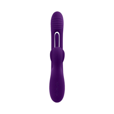 Purple rechargeable silicone dual stim vibrator with textured shaft and external flapper, featuring control buttons on the handle.