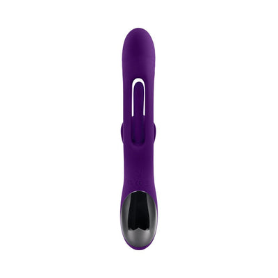 Purple rechargeable silicone dual stim vibrator with mid-shaft flapper and sleek black base panel.