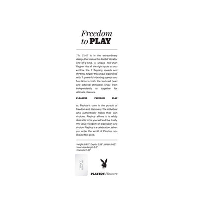 Playboy The Thrill vibrator packaging back with product description, features, and dimensions in black text on white background.