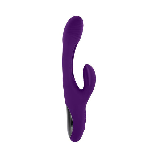 Purple rechargeable silicone dual stim vibrator with textured head and external flapper stimulator.