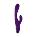 Purple rechargeable silicone dual stim vibrator with textured head and external flapper stimulator.