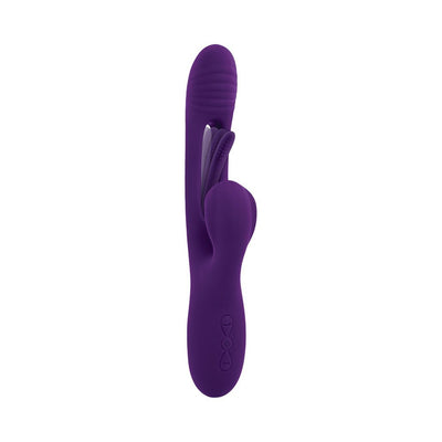 Purple rechargeable silicone dual stim vibrator with textured shaft and flapper detail, featuring control buttons on the handle.