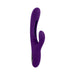 Purple rechargeable silicone dual stim vibrator with textured head and external stimulator, featuring a unique mid-shaft flapper design.
