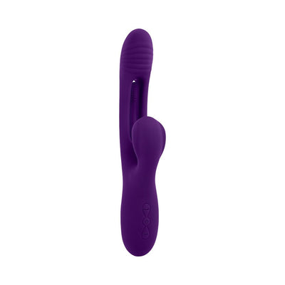 Purple rechargeable silicone dual stim vibrator with textured head and external stimulator, featuring control buttons on the handle.