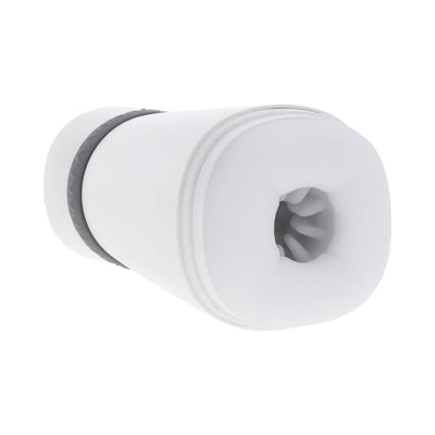 White and gray Playboy Twist & Stroke Frost male stroker with textured inner sleeve and twist-off cap on white background.