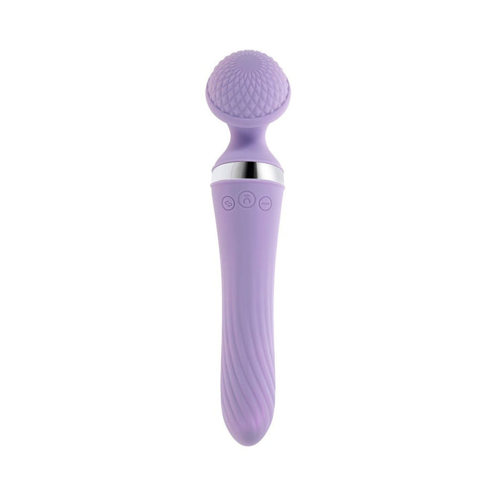 Lavender silicone dual-ended wand vibrator with textured rounded head and control buttons on handle.