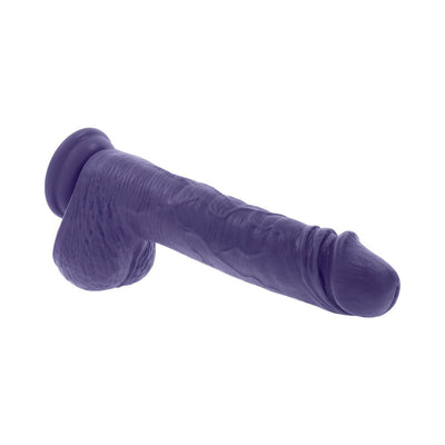 Purple large realistic textured vibrator with suction cup base designed for hands-free use.