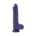 Purple large thrusting vibrator with realistic texture and suction cup base, shown upright on white background.