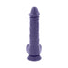Purple realistic textured vibrator with suction cup base, standing upright on white background.