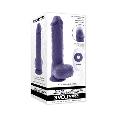 Purple realistic textured vibrator with suction base and remote control shown on product packaging box.