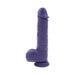 Purple realistic textured vibrator with suction cup base, designed for hands-free use and multi-speed vibration and thrusting.