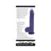 Purple large thrusting vibrator with realistic texture and ergonomic remote control shown with product details and warranty information.