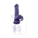 Purple large thrusting vibrator with suction base, USB charging cable, and white ergonomic remote control with battery compartment open.