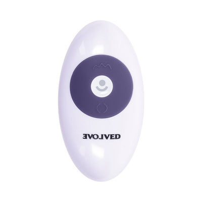 White oval remote control with purple buttons and Evolved logo for Pleasure Rider vibrator.